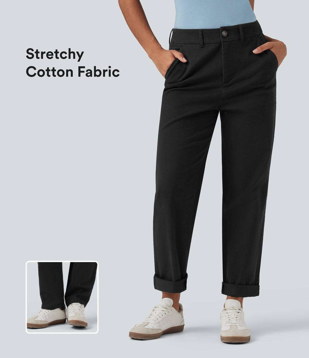 Mid Rise Tapered Casual Chino Cotton Trousers with Pockets — Black — view 1