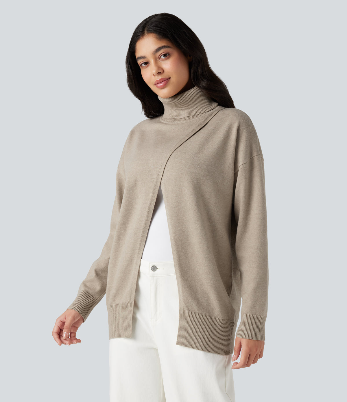 High Neck Long Sleeve Work Jumper-Front and Back Wearable — Cement — view 6
