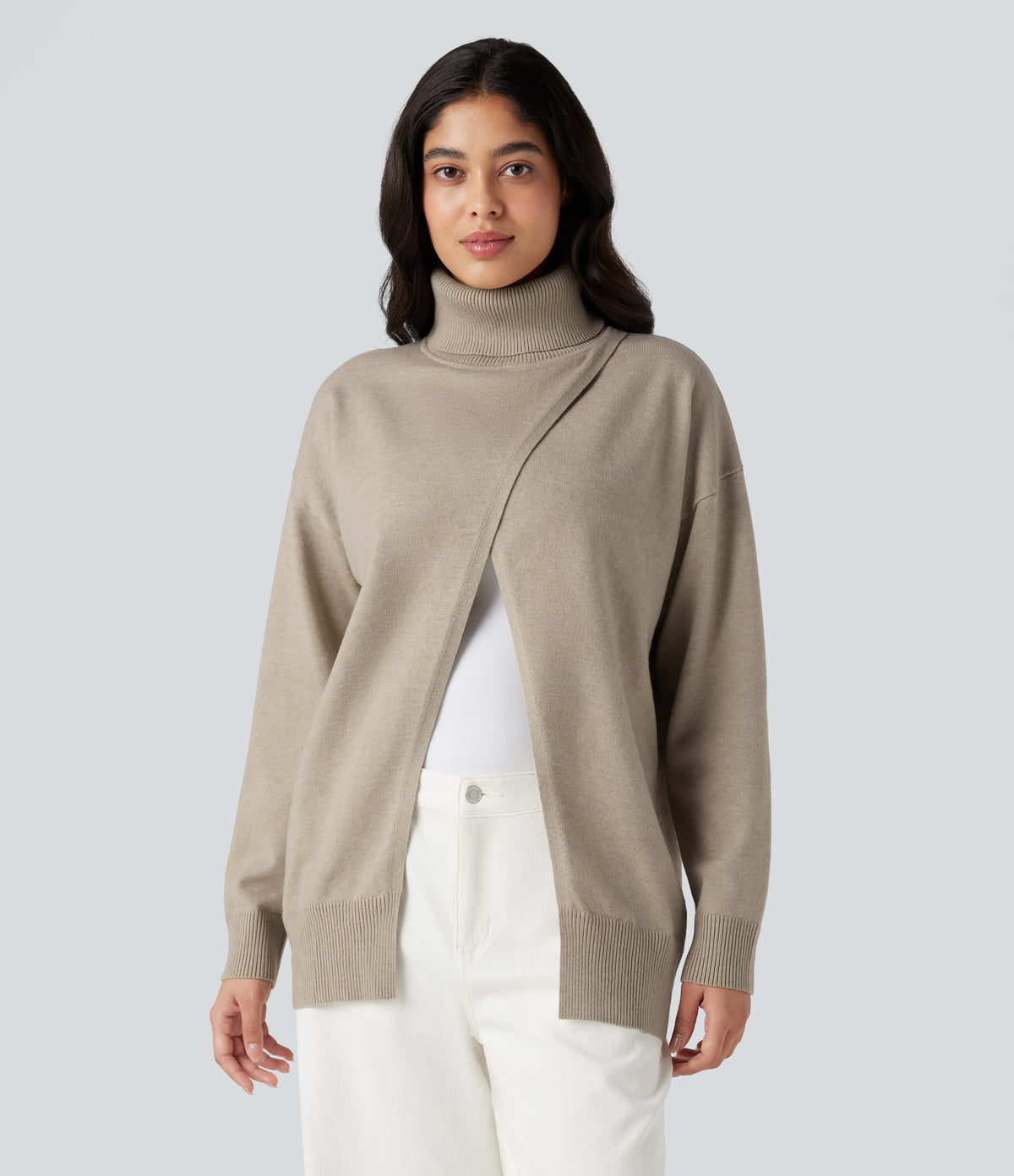 High Neck Long Sleeve Work Jumper-Front and Back Wearable — Cement — view 2