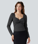 Queen Anne Neck Long Sleeve Houndstooth Work T-Shirt — Shadow Knit — view 6