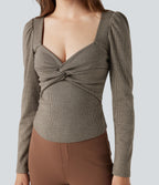 Queen Anne Neck Long Sleeve Houndstooth Work T-Shirt — Urban Marl — view 1