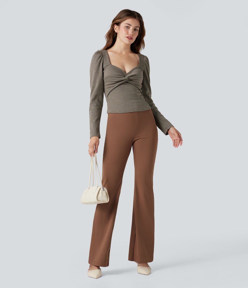 Queen Anne Neck Long Sleeve Houndstooth Work T-Shirt — Urban Marl — view 5