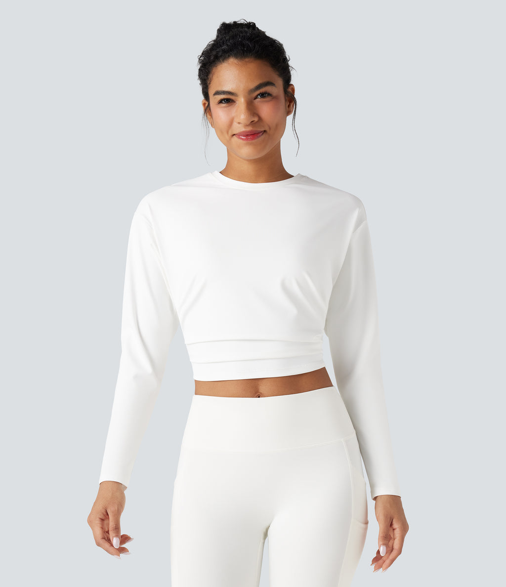 Round Neck Long Sleeve Ruched Cropped Yoga Sports Top — White — view 1