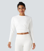 Round Neck Long Sleeve Ruched Cropped Yoga Sports Top — White — view 1