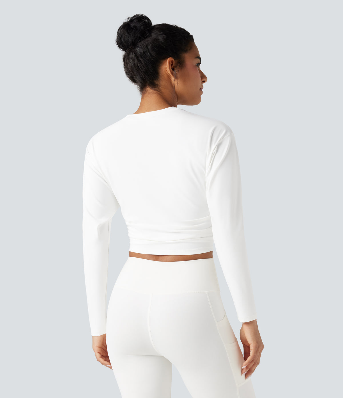 Round Neck Long Sleeve Ruched Cropped Yoga Sports Top — White — view 2