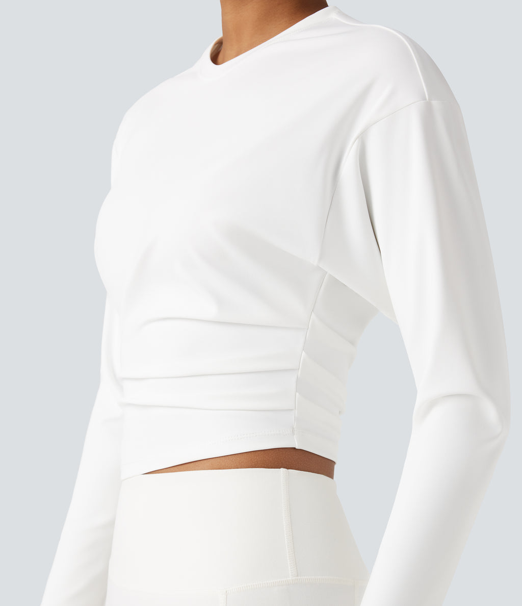 Round Neck Long Sleeve Ruched Cropped Yoga Sports Top — White — view 5