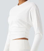 Round Neck Long Sleeve Ruched Cropped Yoga Sports Top — White — view 5