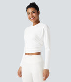 Round Neck Long Sleeve Ruched Cropped Yoga Sports Top — White — view 3