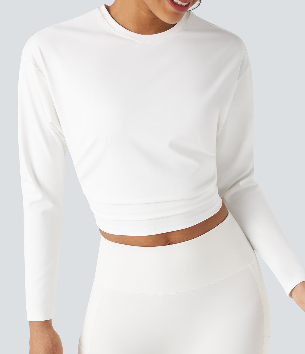 Round Neck Long Sleeve Ruched Cropped Yoga Sports Top — White — view 4