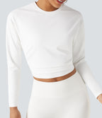 Round Neck Long Sleeve Ruched Cropped Yoga Sports Top — White — view 4