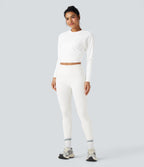 Round Neck Long Sleeve Ruched Cropped Yoga Sports Top — White — view 6