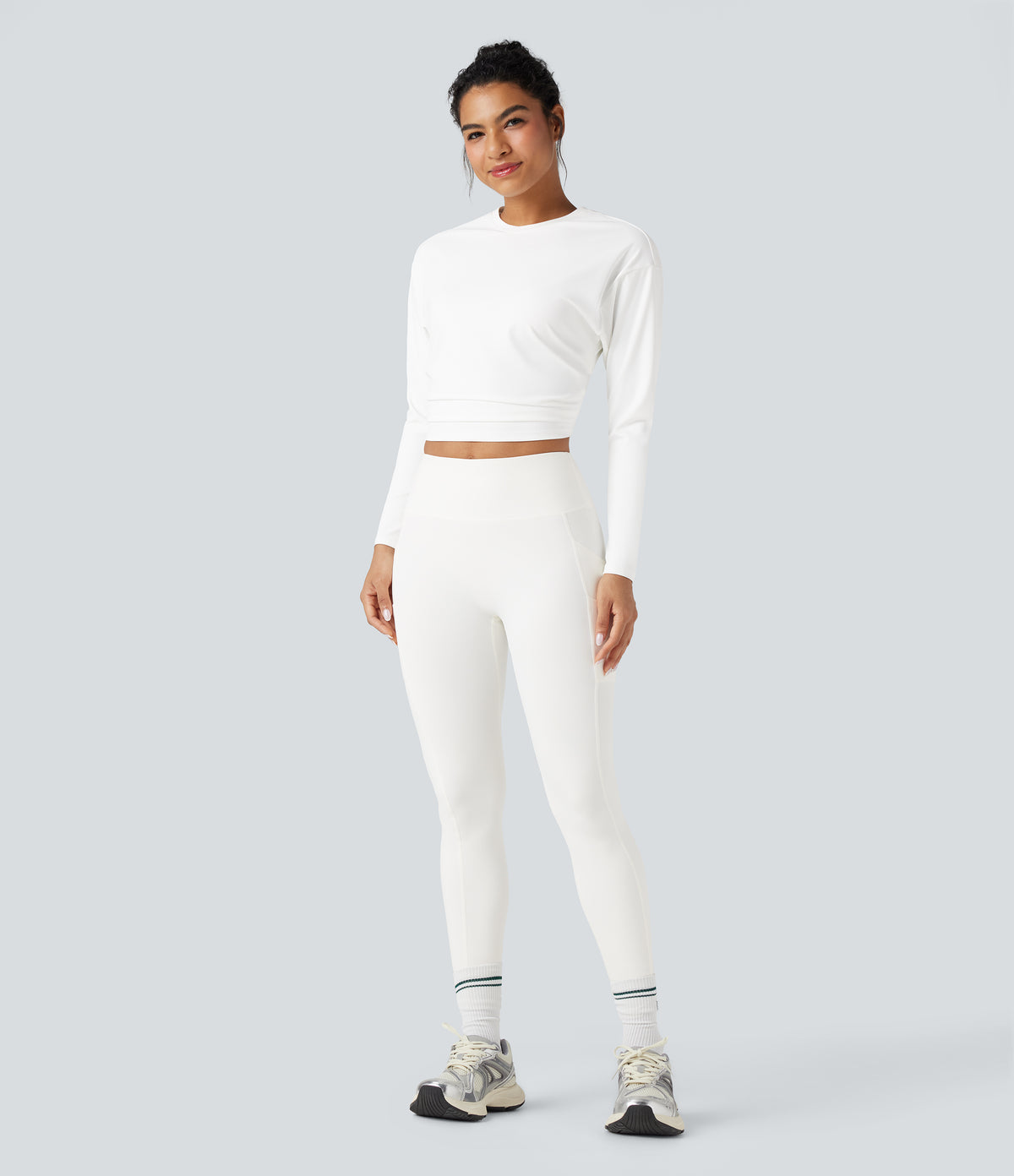 Round Neck Long Sleeve Ruched Cropped Yoga Sports Top — White — view 6