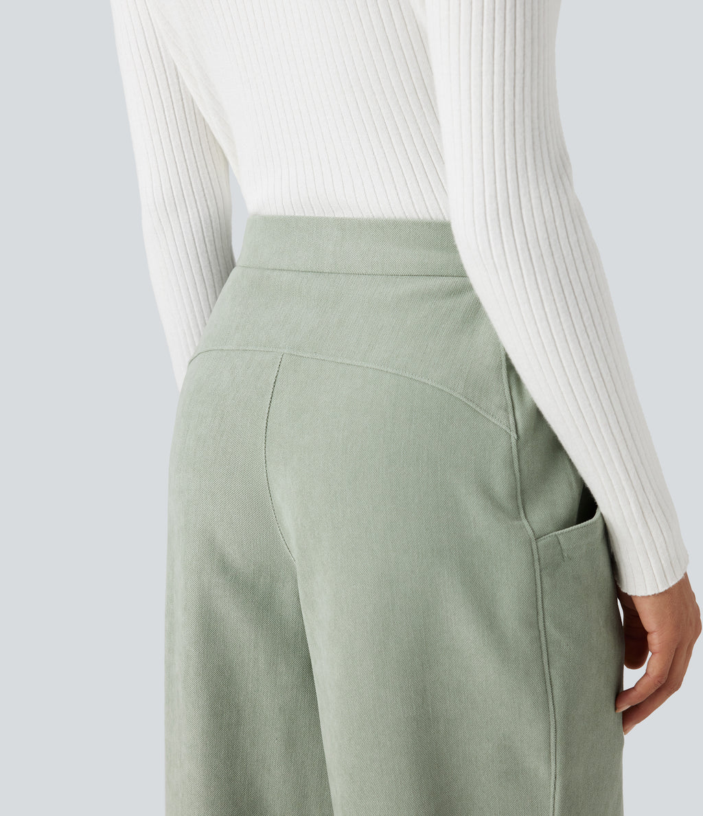 High-waisted Casual Barrel Leg Trousers with Pockets — Frosty Green — view 4