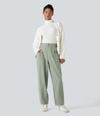 High-waisted Casual Barrel Leg Trousers with Pockets — Frosty Green — view 6