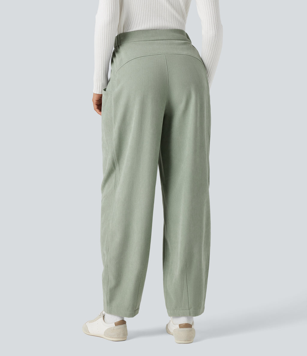 High-waisted Casual Barrel Leg Trousers with Pockets — Frosty Green — view 2
