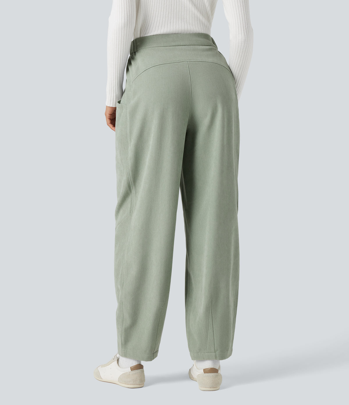 High-waisted Casual Barrel Leg Trousers with Pockets — Frosty Green — view 2