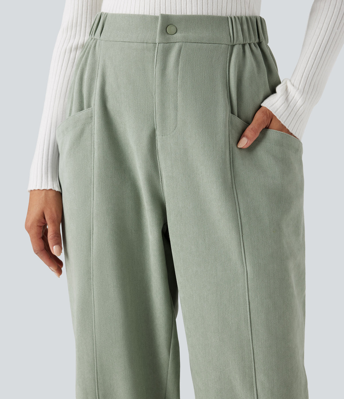 High-waisted Casual Barrel Leg Trousers with Pockets — Frosty Green — view 5