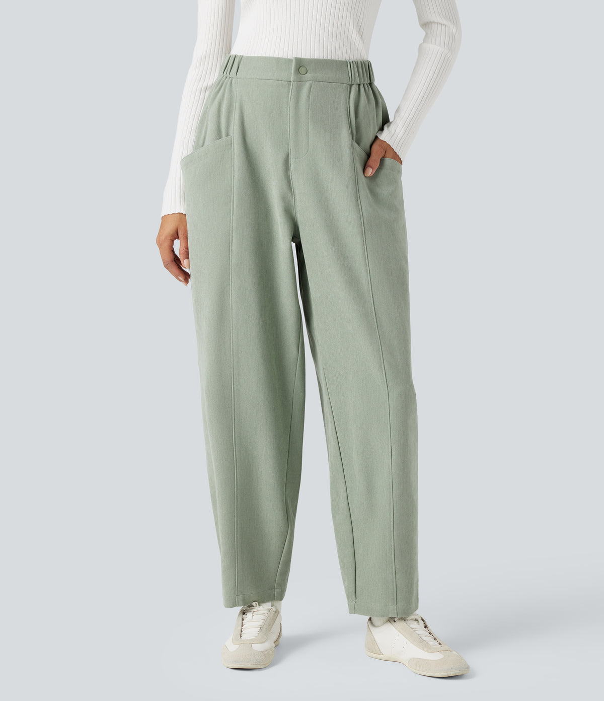 High-waisted Casual Barrel Leg Trousers with Pockets — Frosty Green — view 3