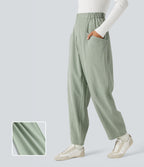 High-waisted Casual Barrel Leg Trousers with Pockets — Frosty Green — view 1