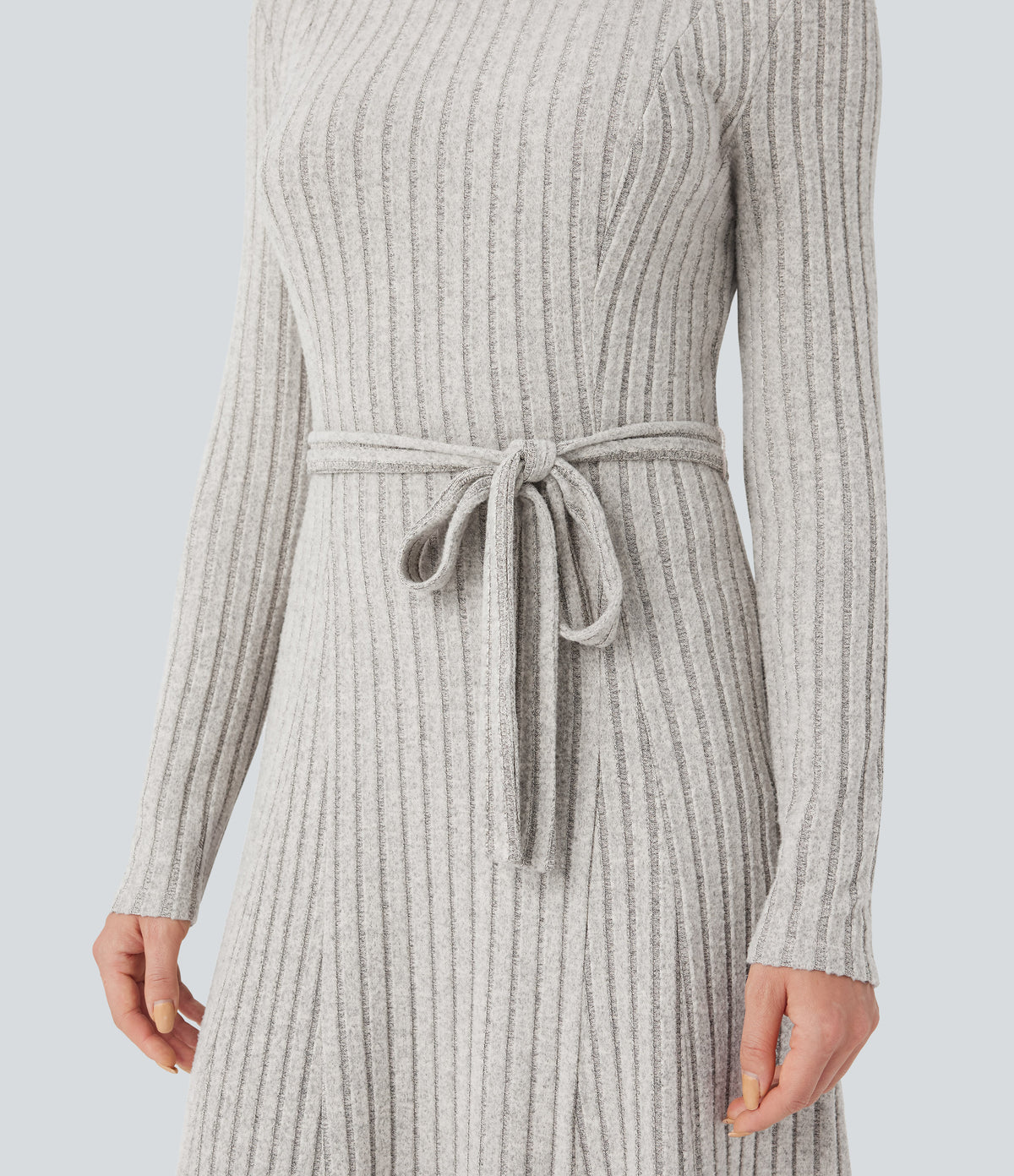 Ribbed Knit Mock-neck Long Sleeve Belted Fleece Casual Maxi Dress — Warm Grey Floral Velvet — view 5