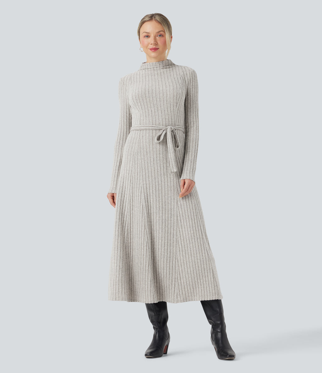 Ribbed Knit Mock-neck Long Sleeve Belted Fleece Casual Maxi Dress — Warm Grey Floral Velvet — view 1