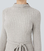 Ribbed Knit Mock-neck Long Sleeve Belted Fleece Casual Maxi Dress — Warm Grey Floral Velvet — view 4