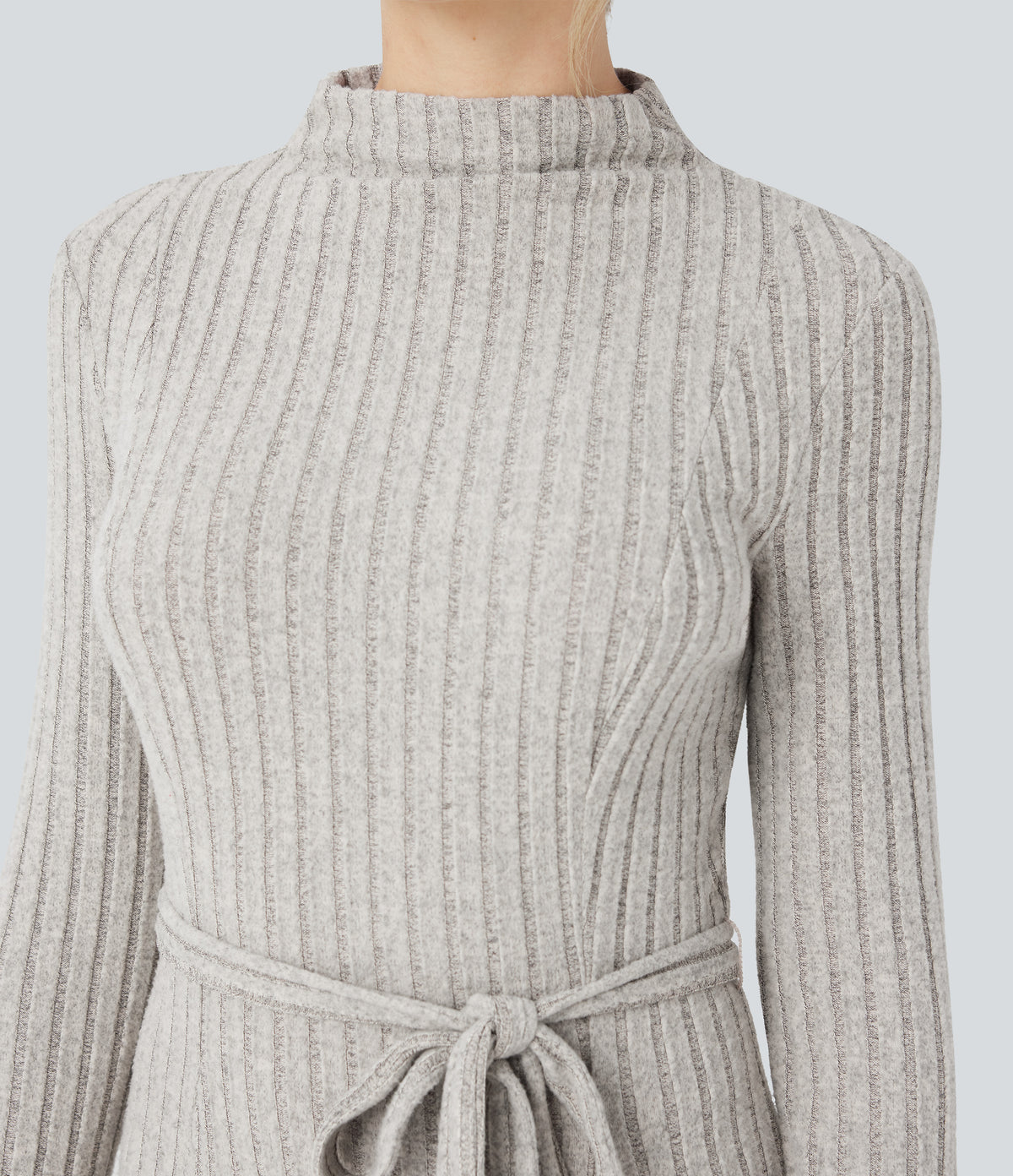 Ribbed Knit Mock-neck Long Sleeve Belted Fleece Casual Maxi Dress — Warm Grey Floral Velvet — view 4
