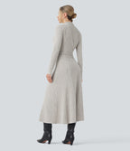 Ribbed Knit Mock-neck Long Sleeve Belted Fleece Casual Maxi Dress — Warm Grey Floral Velvet — view 2