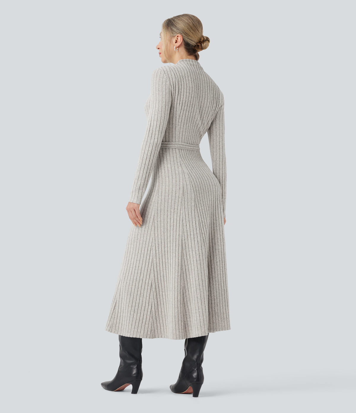 Ribbed Knit Mock-neck Long Sleeve Belted Fleece Casual Maxi Dress — Warm Grey Floral Velvet — view 2