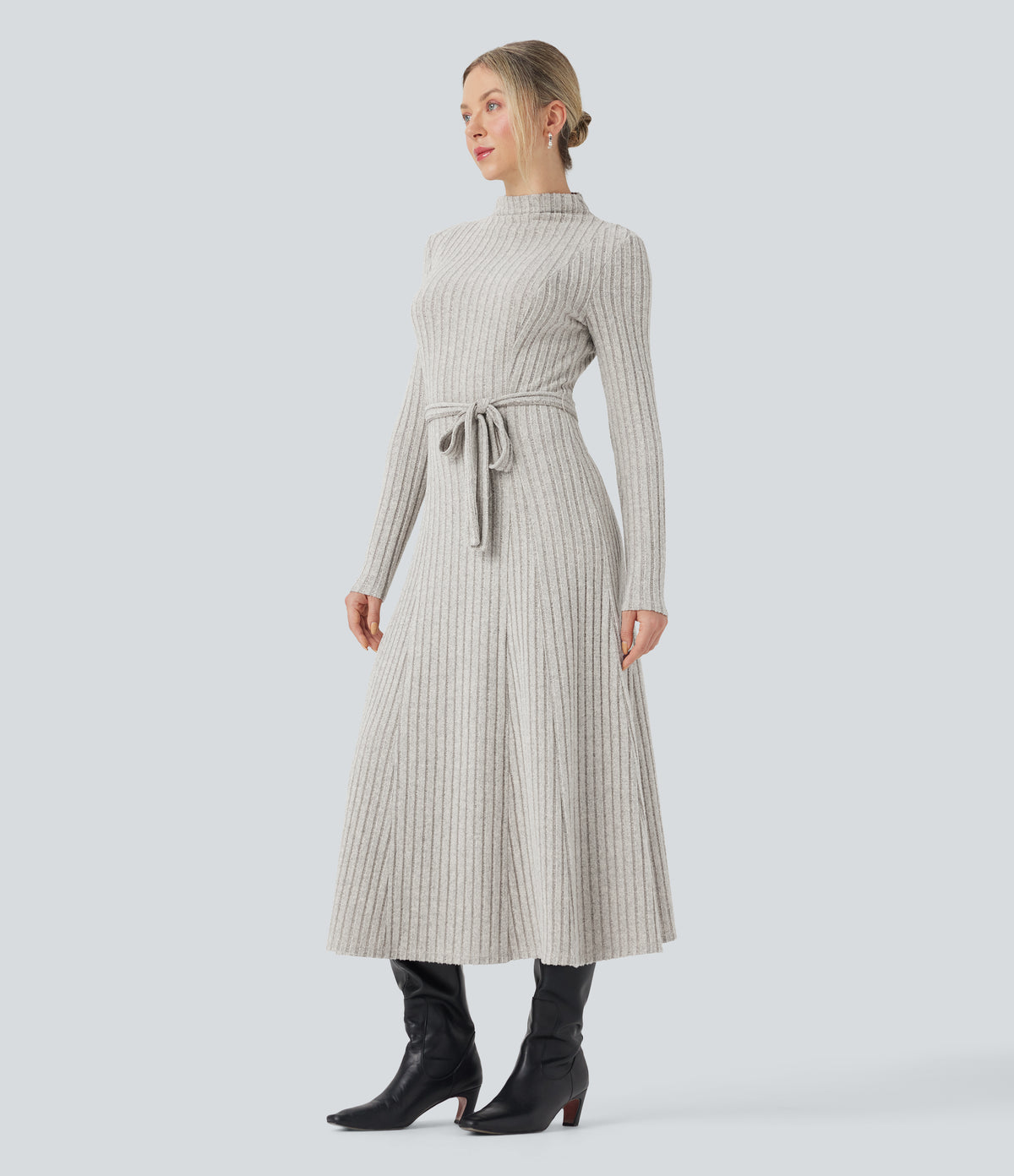 Ribbed Knit Mock-neck Long Sleeve Belted Fleece Casual Maxi Dress — Warm Grey Floral Velvet — view 3