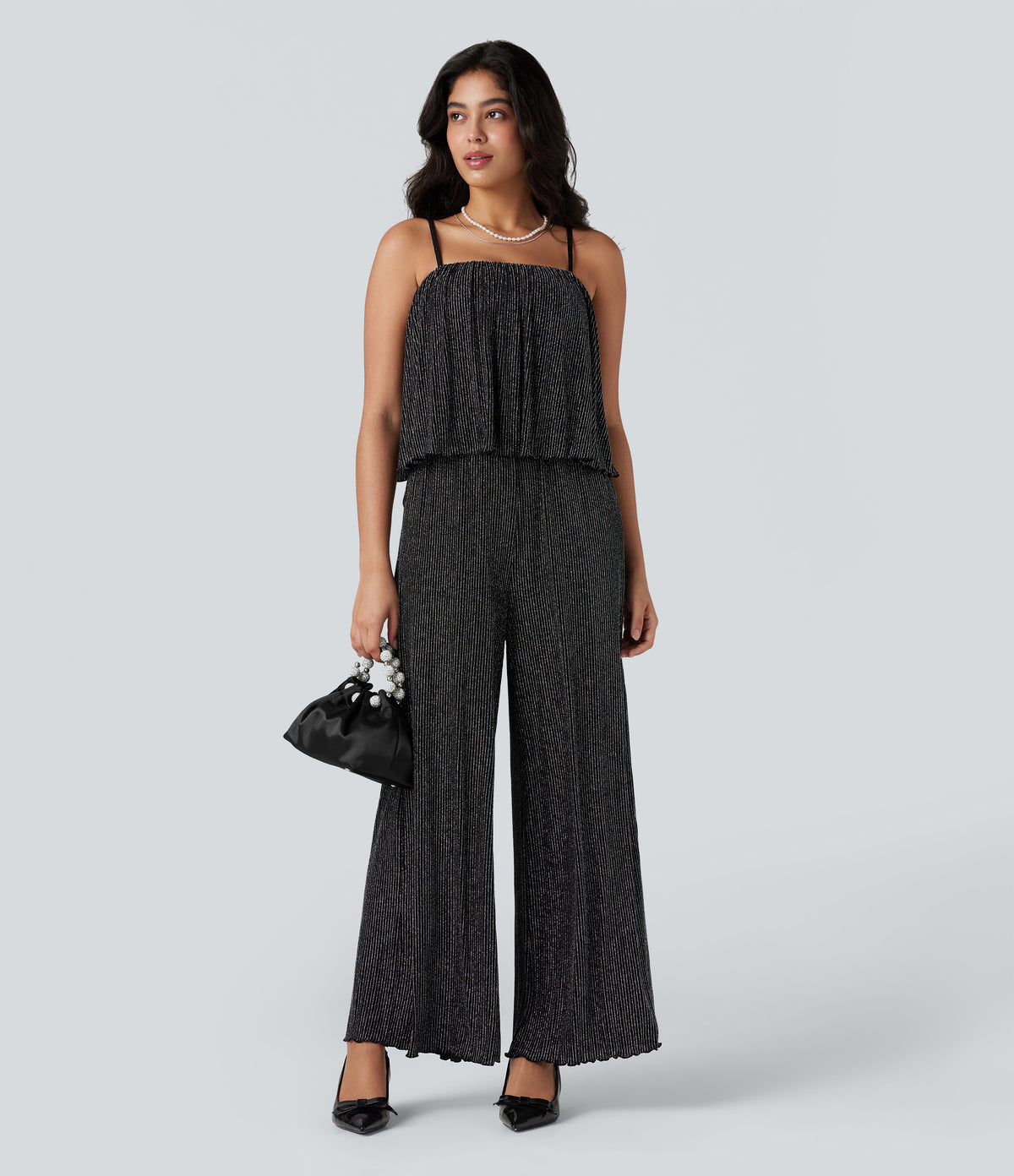 Ruffle Hem Sleeveless Sparkle Stripe Casual Jumpsuit with Pockets — Black White Starlight Stripe — view 7
