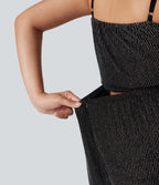 Ruffle Hem Sleeveless Sparkle Stripe Casual Jumpsuit with Pockets — Black White Starlight Stripe — view 6