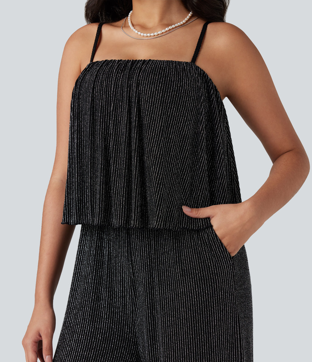 Ruffle Hem Sleeveless Sparkle Stripe Casual Jumpsuit with Pockets — Black White Starlight Stripe — view 4