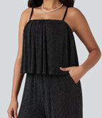 Ruffle Hem Sleeveless Sparkle Stripe Casual Jumpsuit with Pockets — Black White Starlight Stripe — view 4