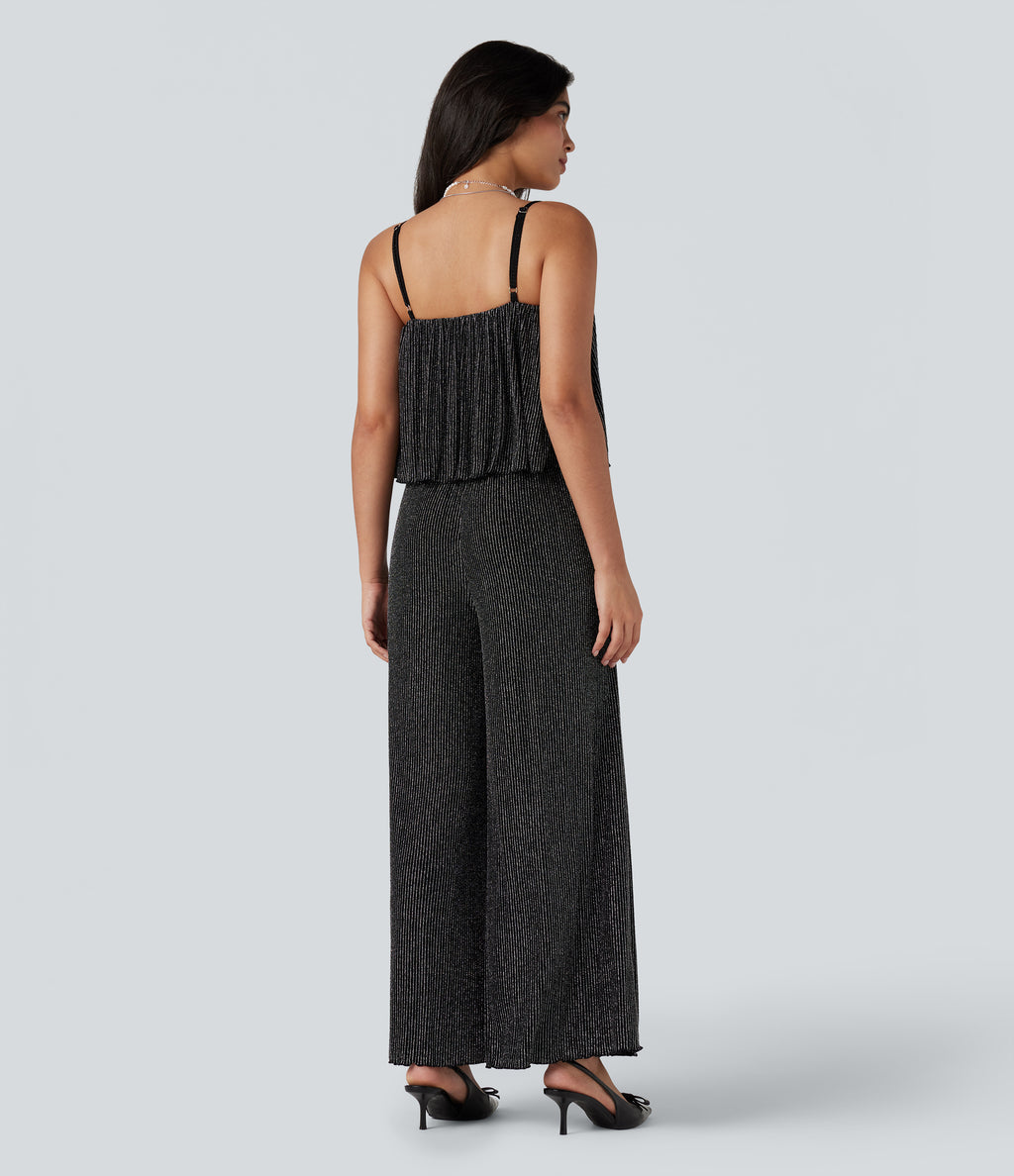Ruffle Hem Sleeveless Sparkle Stripe Casual Jumpsuit with Pockets — Black White Starlight Stripe — view 2