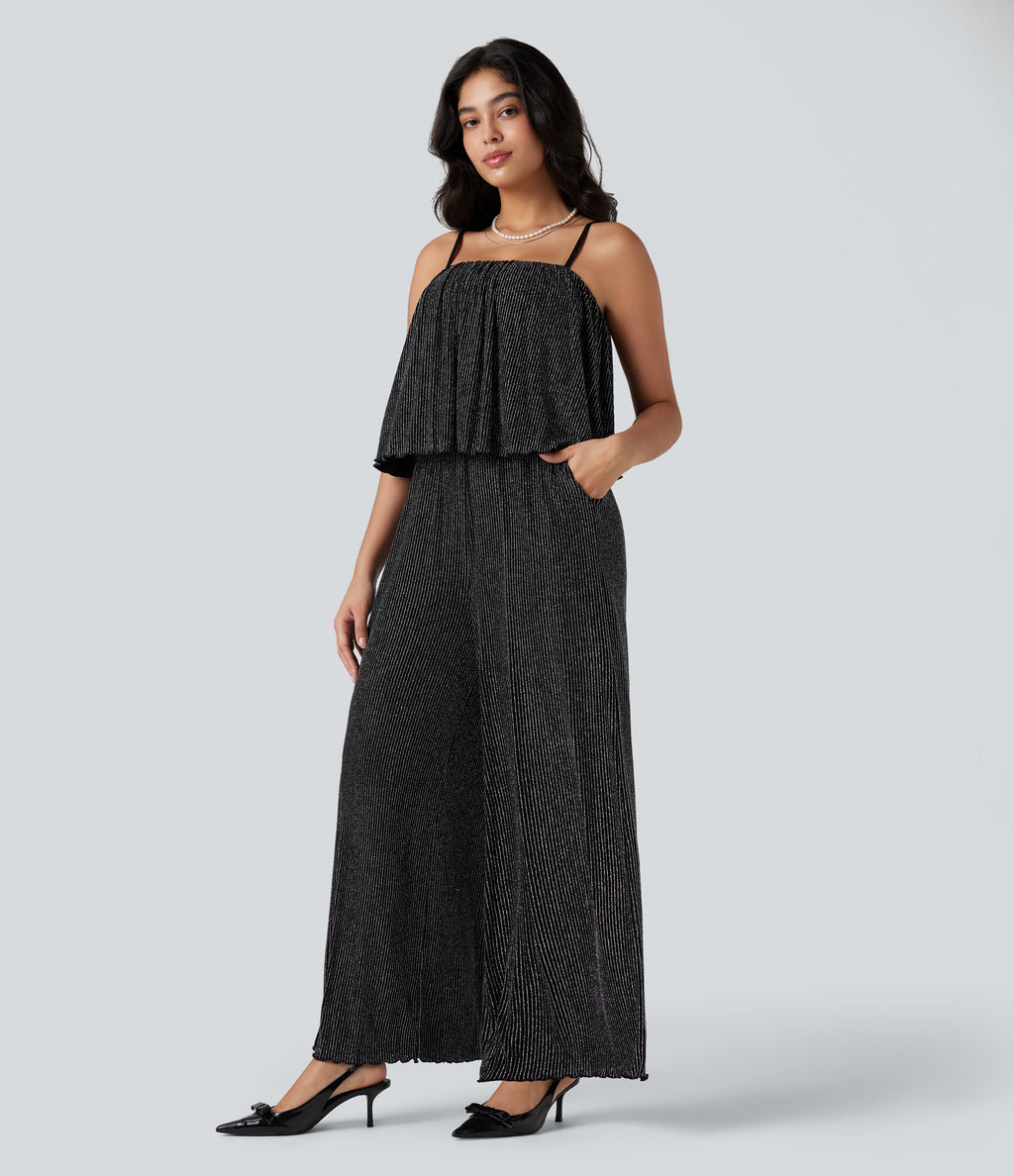 Ruffle Hem Sleeveless Sparkle Stripe Casual Jumpsuit with Pockets — Black White Starlight Stripe — view 3