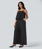 Ruffle Hem Sleeveless Sparkle Stripe Casual Jumpsuit with Pockets — Black White Starlight Stripe — view 3