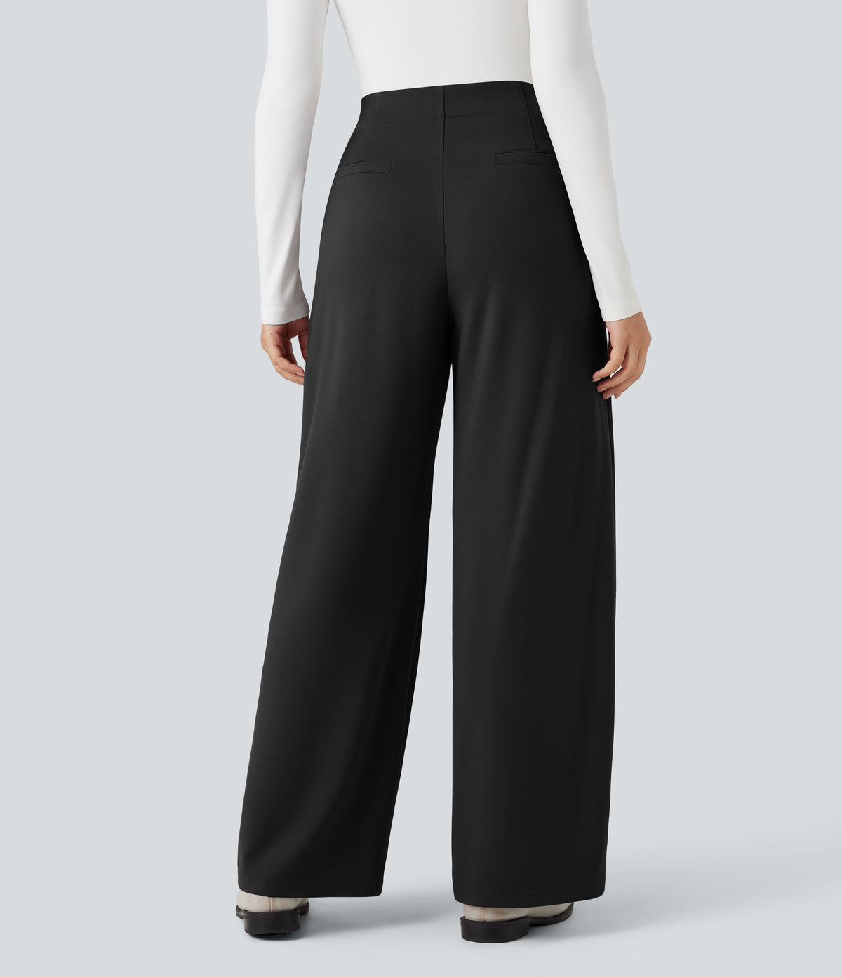 High-waisted Tummy Control Built-in Underwear Work Barrel Leg Trousers with Pockets — Black — view 2