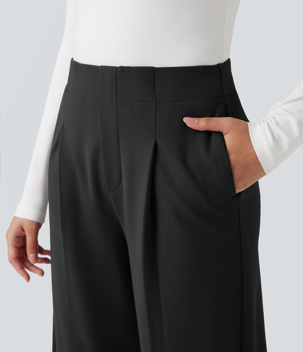 High-waisted Tummy Control Built-in Underwear Work Barrel Leg Trousers with Pockets — Black — view 4
