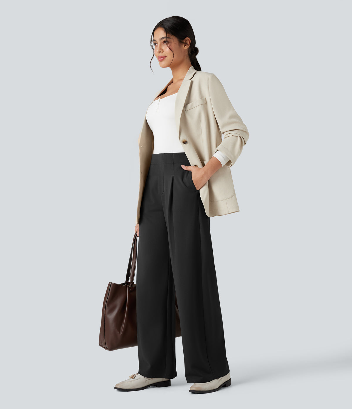 High-waisted Tummy Control Built-in Underwear Work Barrel Leg Trousers with Pockets — Black — view 6