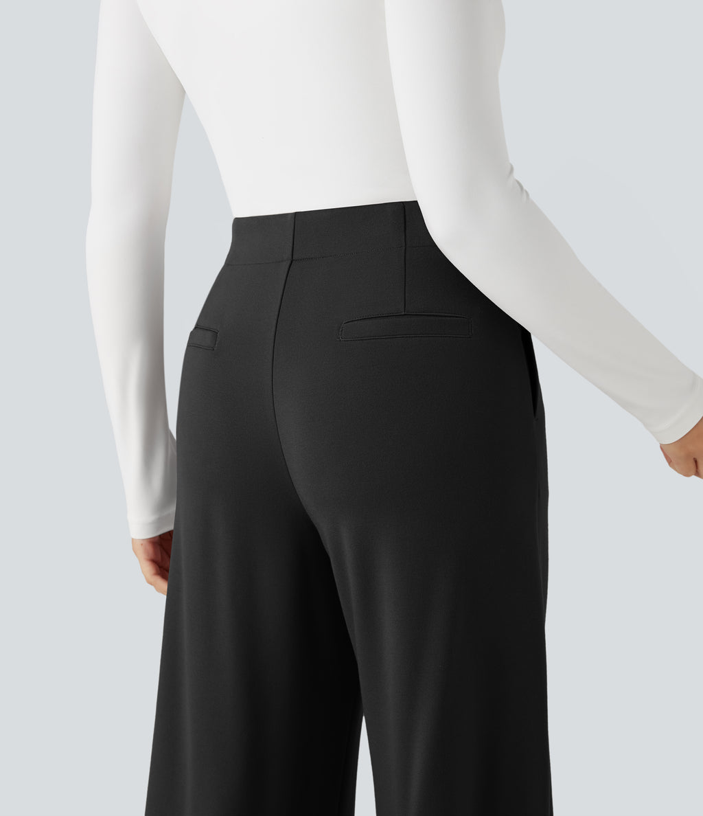High-waisted Tummy Control Built-in Underwear Work Barrel Leg Trousers with Pockets — Black — view 5