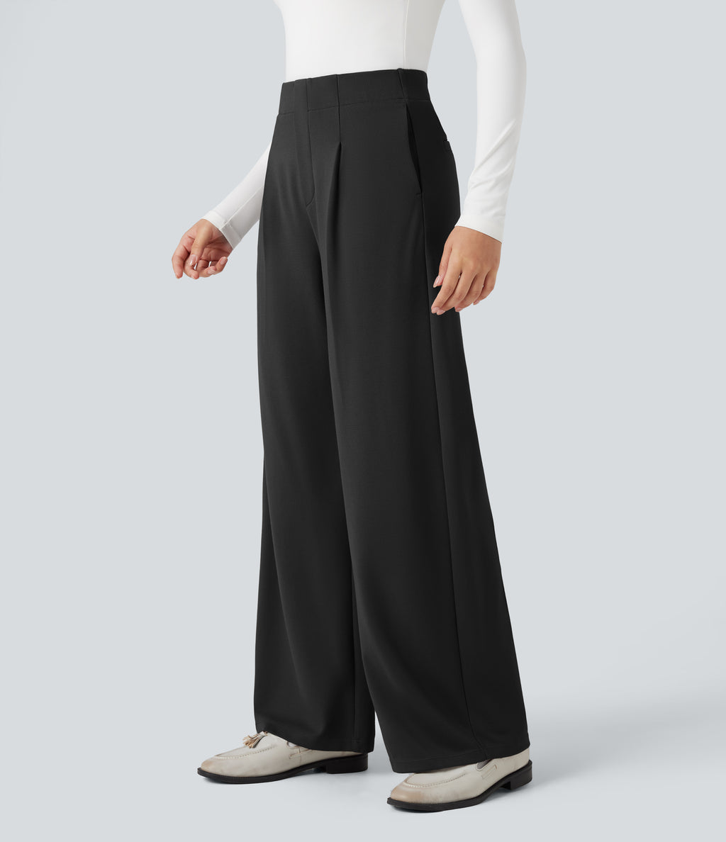 High-waisted Tummy Control Built-in Underwear Work Barrel Leg Trousers with Pockets — Black — view 3