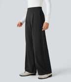 High-waisted Tummy Control Built-in Underwear Work Barrel Leg Trousers with Pockets — Black — view 3