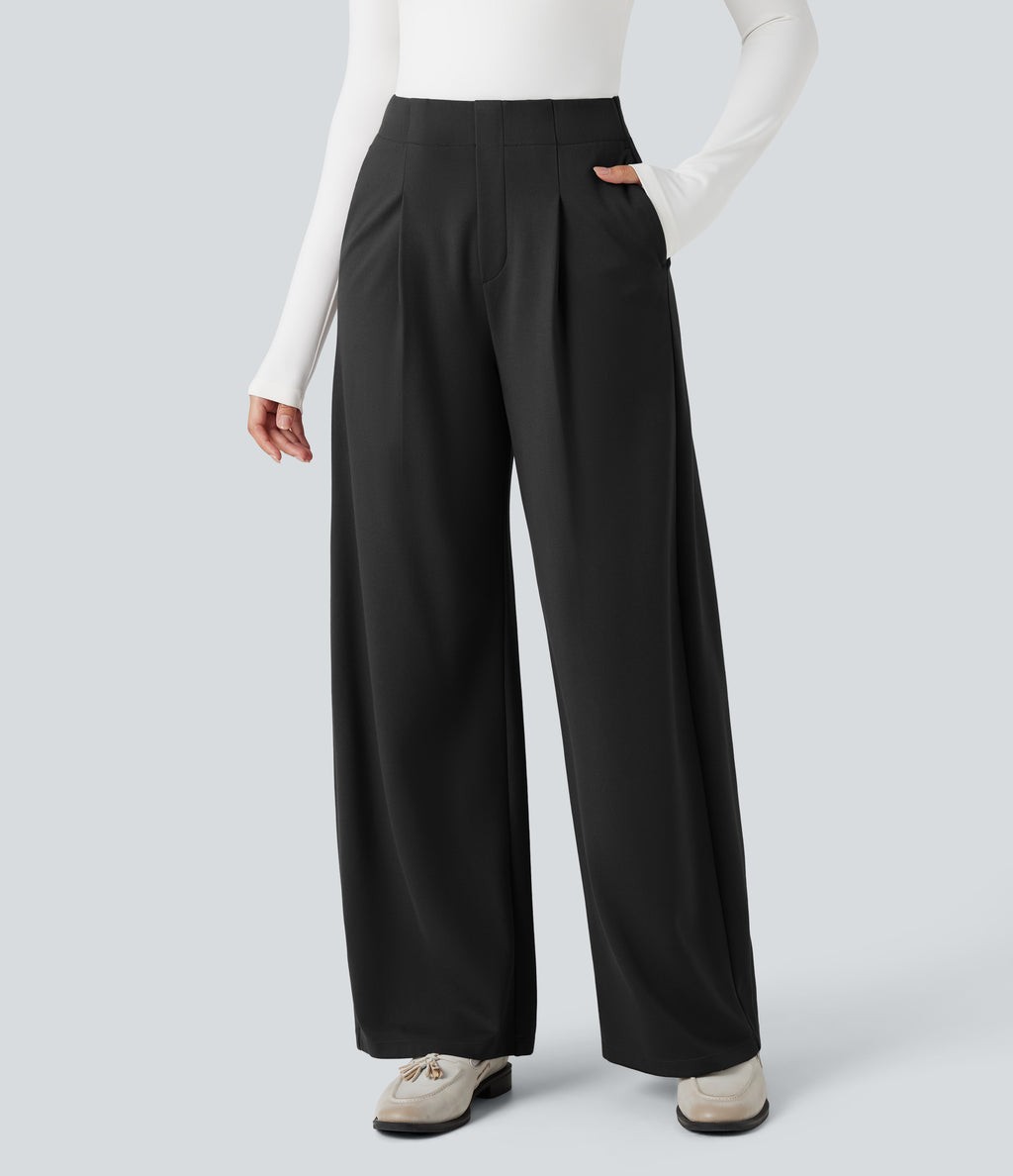 High-waisted Tummy Control Built-in Underwear Work Barrel Leg Trousers with Pockets — Black — view 1