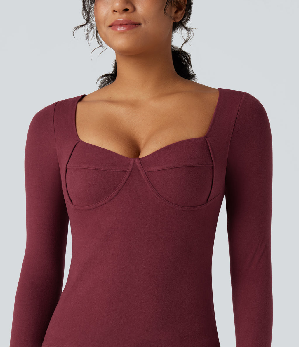HeatCore Sweetheart Neck Push-Up Long Sleeve Casual Warming Top A/B Cup — Cordovan — view 4