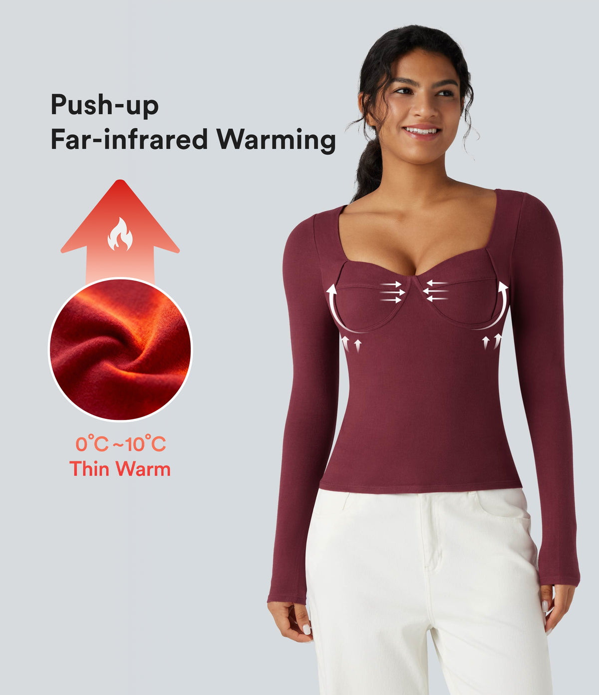 HeatCore Sweetheart Neck Push-Up Long Sleeve Casual Warming Top A/B Cup — Cordovan — view 1