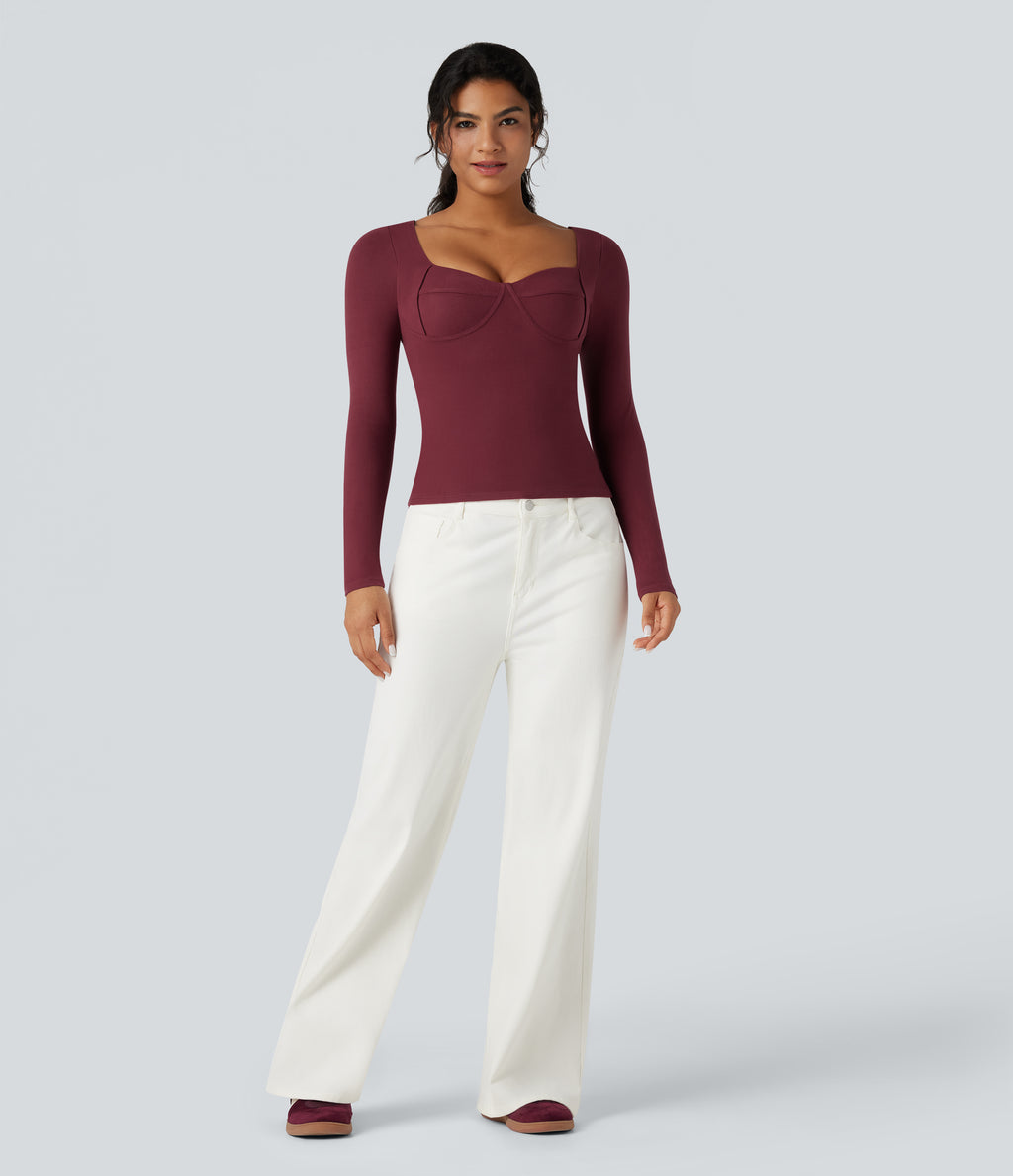 HeatCore Sweetheart Neck Push-Up Long Sleeve Casual Warming Top A/B Cup — Cordovan — view 5