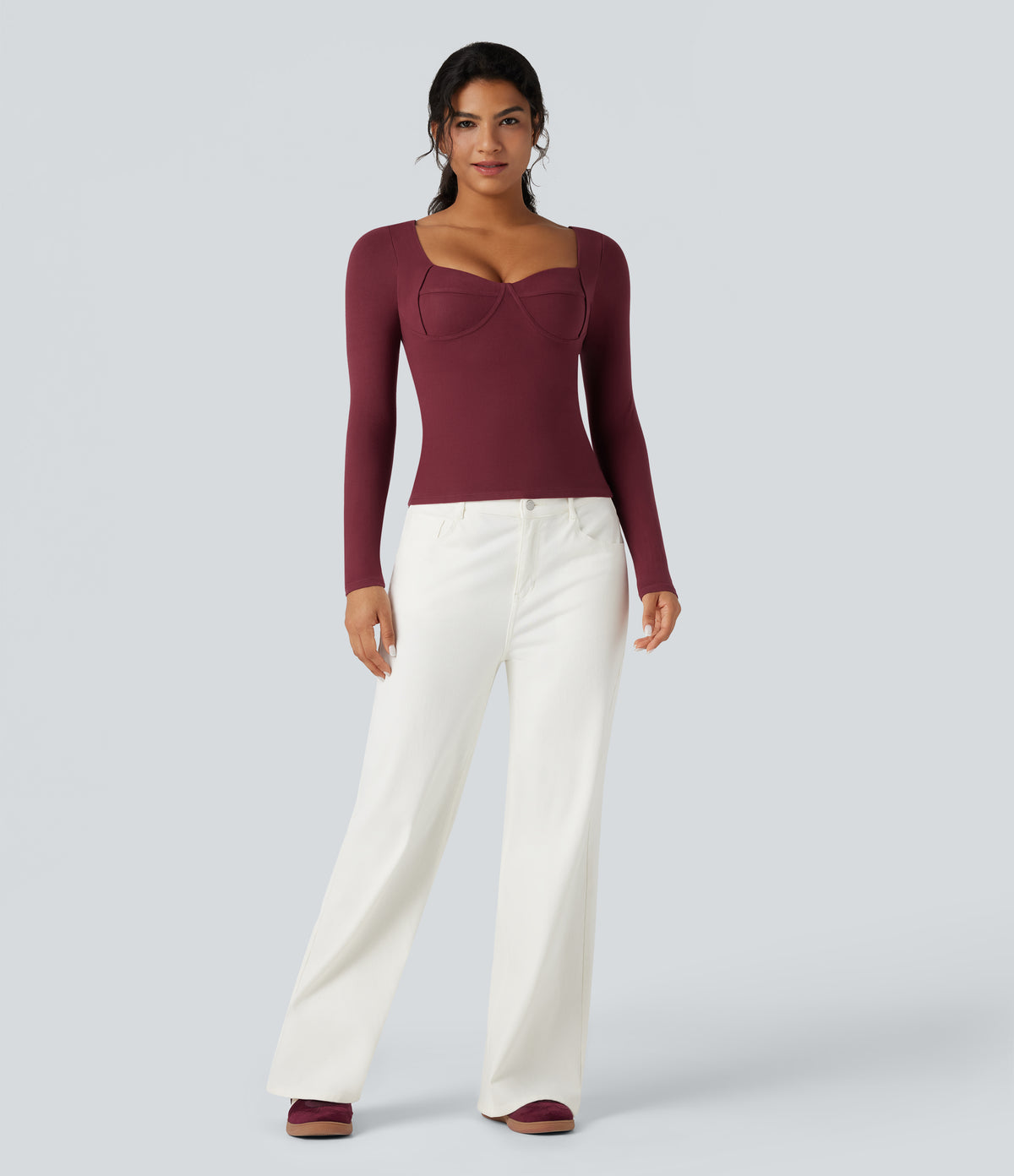 HeatCore Sweetheart Neck Push-Up Long Sleeve Casual Warming Top A/B Cup — Cordovan — view 5