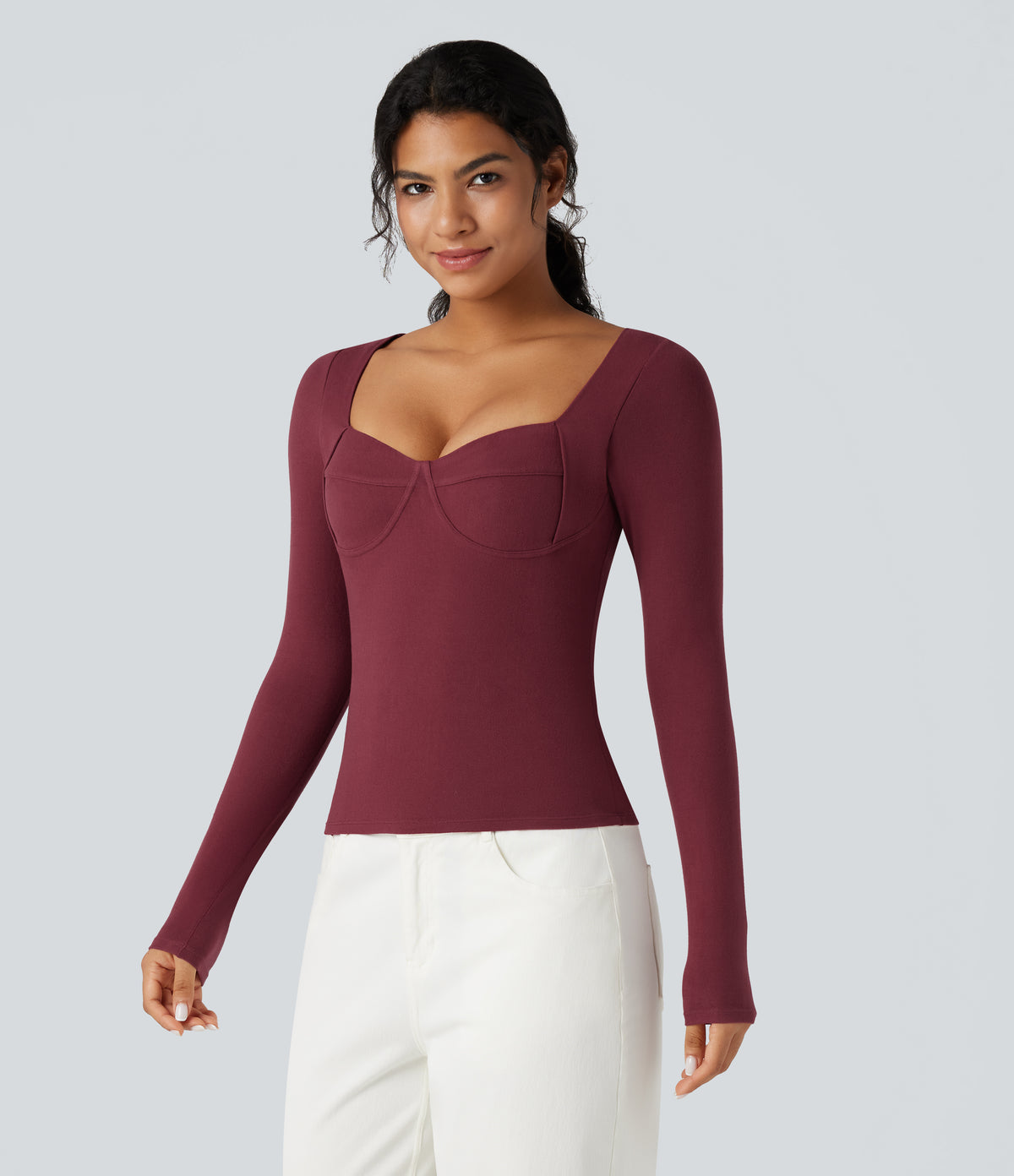 HeatCore Sweetheart Neck Push-Up Long Sleeve Casual Warming Top A/B Cup — Cordovan — view 3