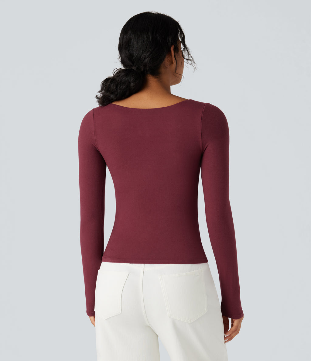 HeatCore Sweetheart Neck Push-Up Long Sleeve Casual Warming Top A/B Cup — Cordovan — view 2